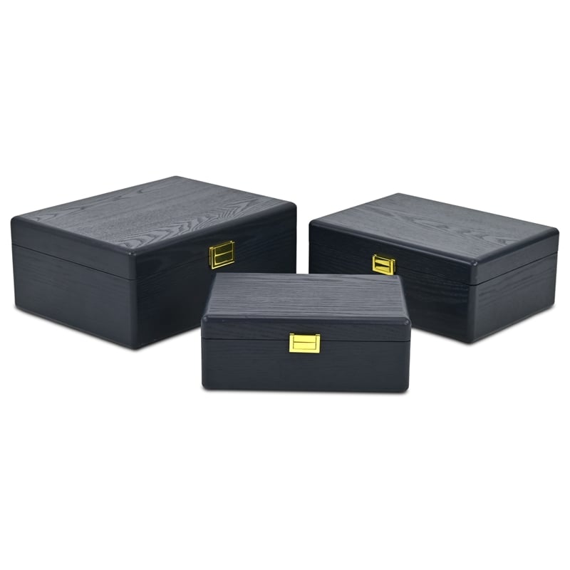 Pemberly Row Set of 3 Suitcase Storage Boxes with Gold Handles in Navy Blue