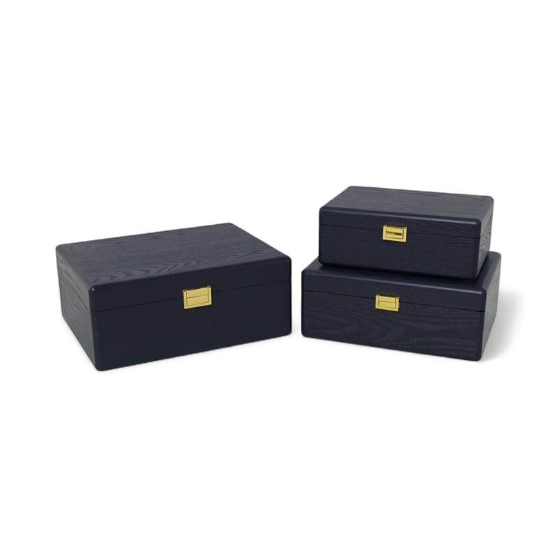 Pemberly Row Set of 3 Suitcase Storage Boxes with Gold Handles in Navy Blue