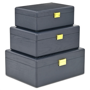 Pemberly Row Set of 3 Suitcase Storage Boxes with Gold Handles in Navy Blue