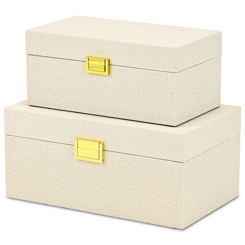 Pemberly Row Fabric Themed Vinyl Box Set of 2 with Gold Handles in Cream