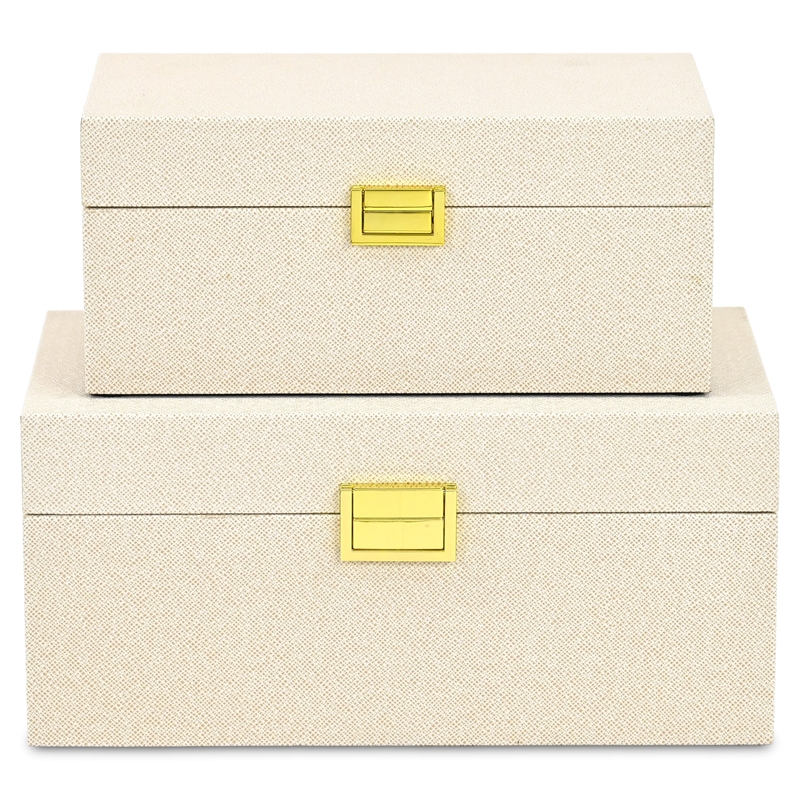 Pemberly Row Fabric Themed Vinyl Box Set of 2 with Gold Handles in Cream