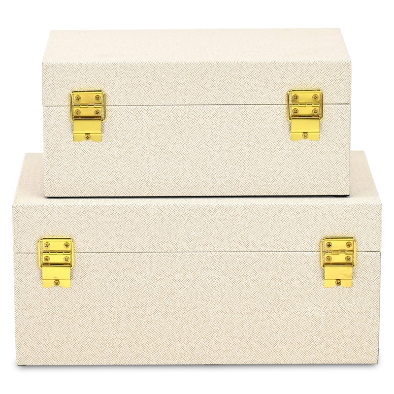 Pemberly Row Fabric Themed Vinyl Box Set of 2 with Gold Handles in Cream
