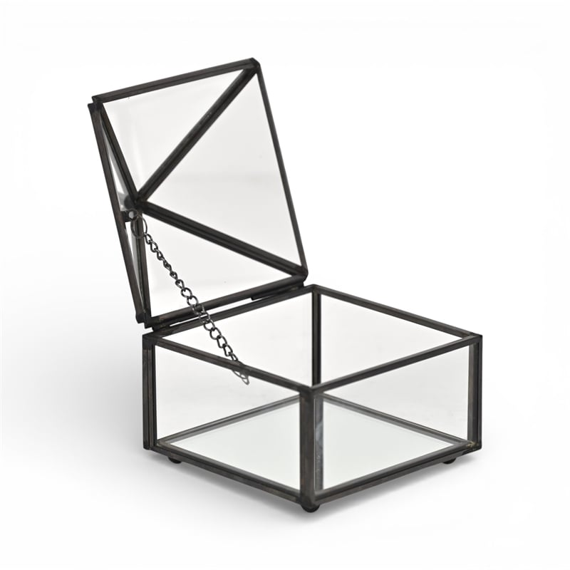 Pemberly Row Metal Framed Glass Pyramid Decorative Box in Black
