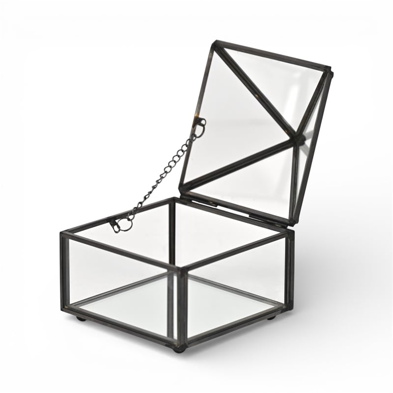 Pemberly Row Metal Framed Glass Pyramid Decorative Box in Black