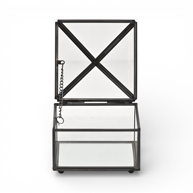 Pemberly Row Metal Framed Glass Pyramid Decorative Box in Black