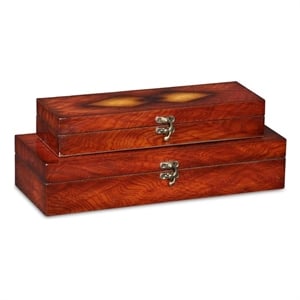 Pemberly Row Wooden Set of 2 Burlwood Veneer Storage Boxes with Latch