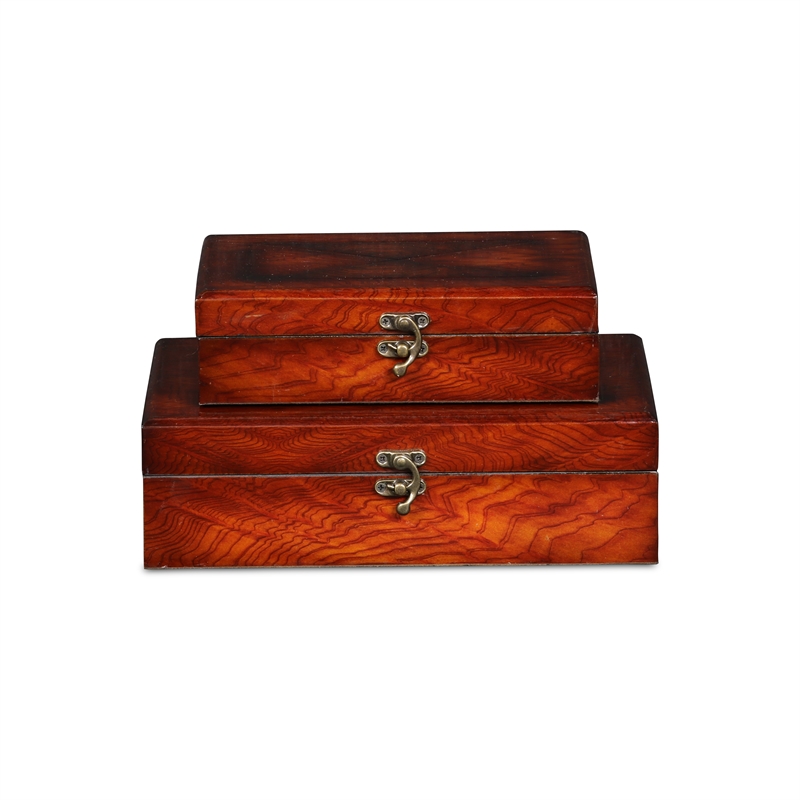 Pemberly Row Wooden Set of 2 Burlwood Veneer Latched Storage Boxes