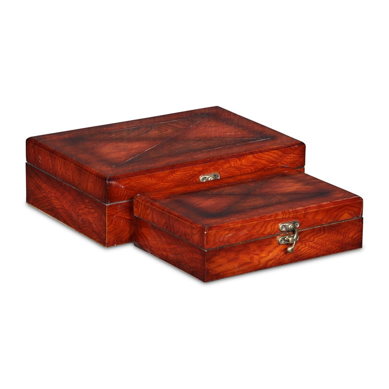 Pemberly Row Wooden Set of 2 Burlwood Veneer Latched Storage Boxes
