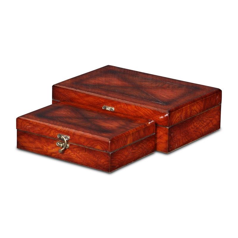 Pemberly Row Wooden Set of 2 Burlwood Veneer Latched Storage Boxes