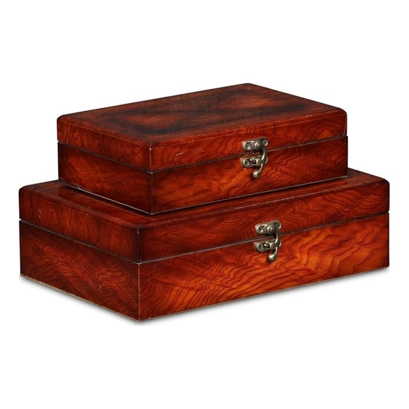 Pemberly Row Wooden Set of 2 Burlwood Veneer Latched Storage Boxes