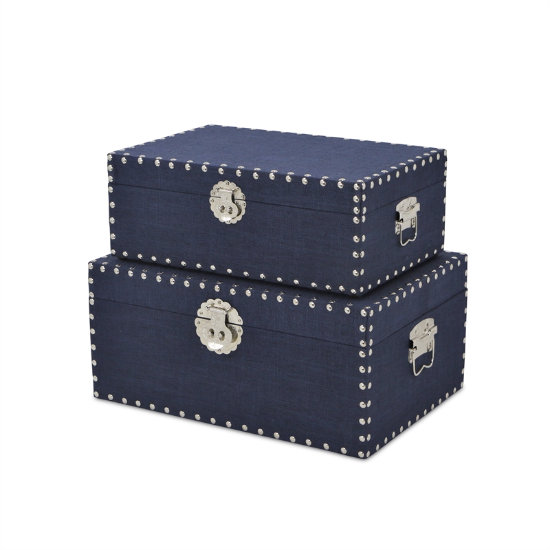 Pemberly Row Set of 2 Studded Linen Mini Trunks in Navy Blue