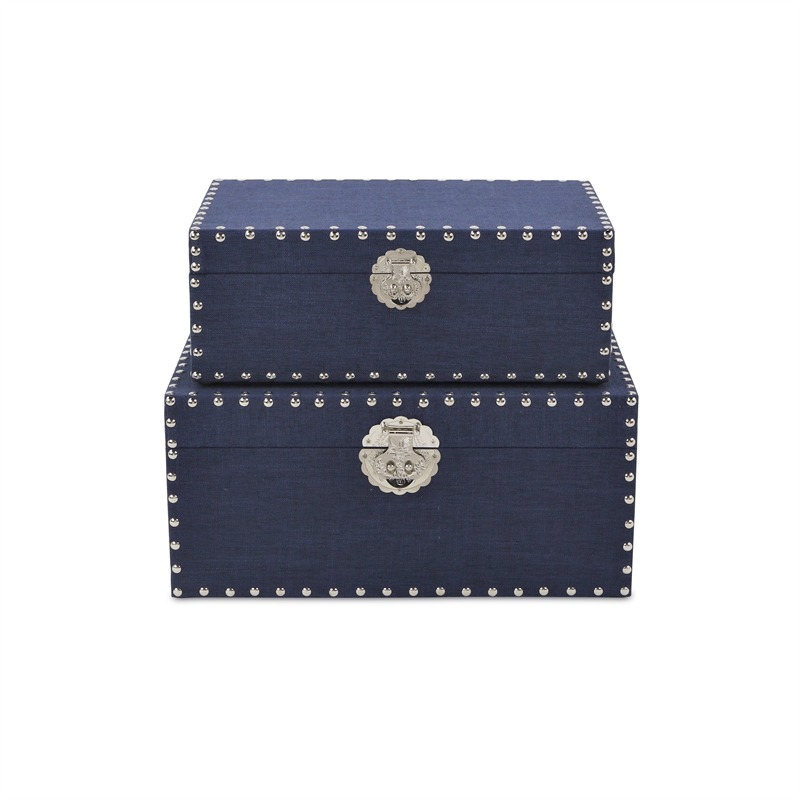 Pemberly Row Set of 2 Studded Linen Mini Trunks in Navy Blue