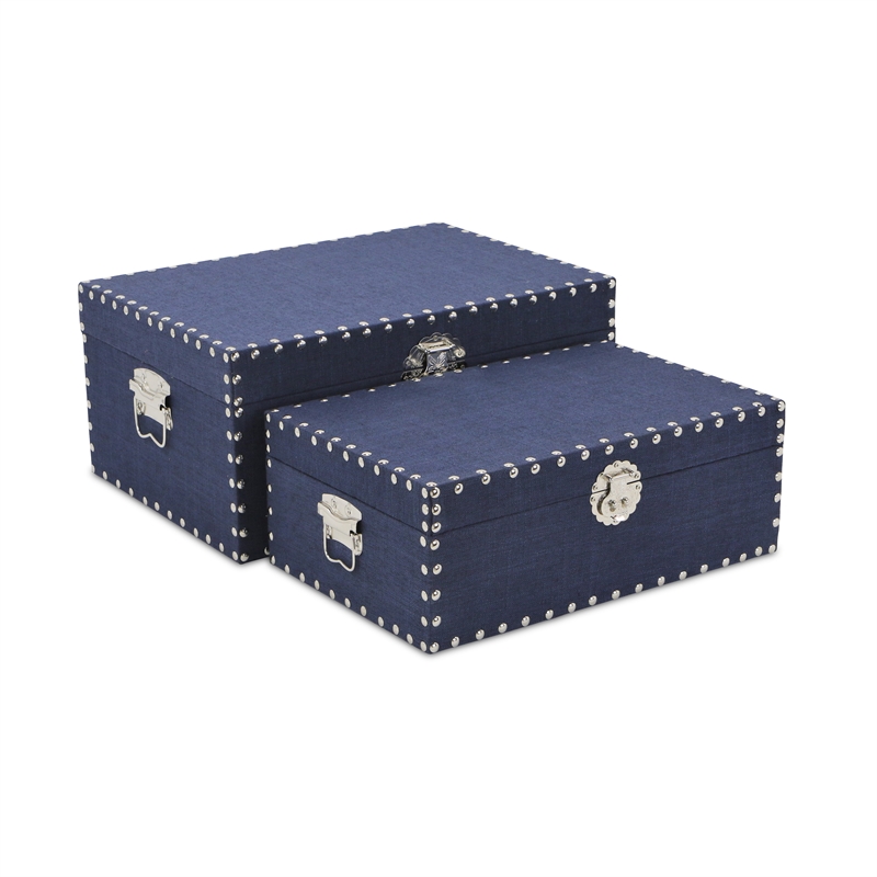 Pemberly Row Set of 2 Studded Linen Mini Trunks in Navy Blue