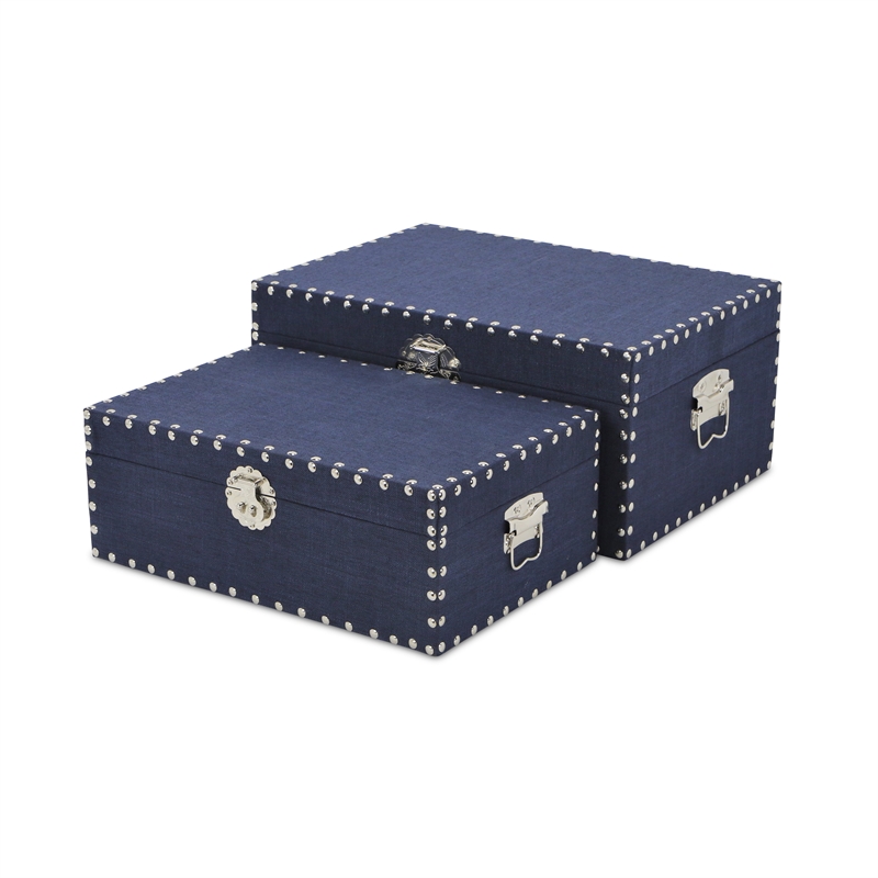 Pemberly Row Set of 2 Studded Linen Mini Trunks in Navy Blue