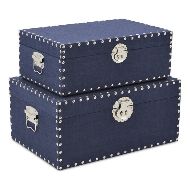 Pemberly Row Set of 2 Studded Linen Mini Trunks in Navy Blue