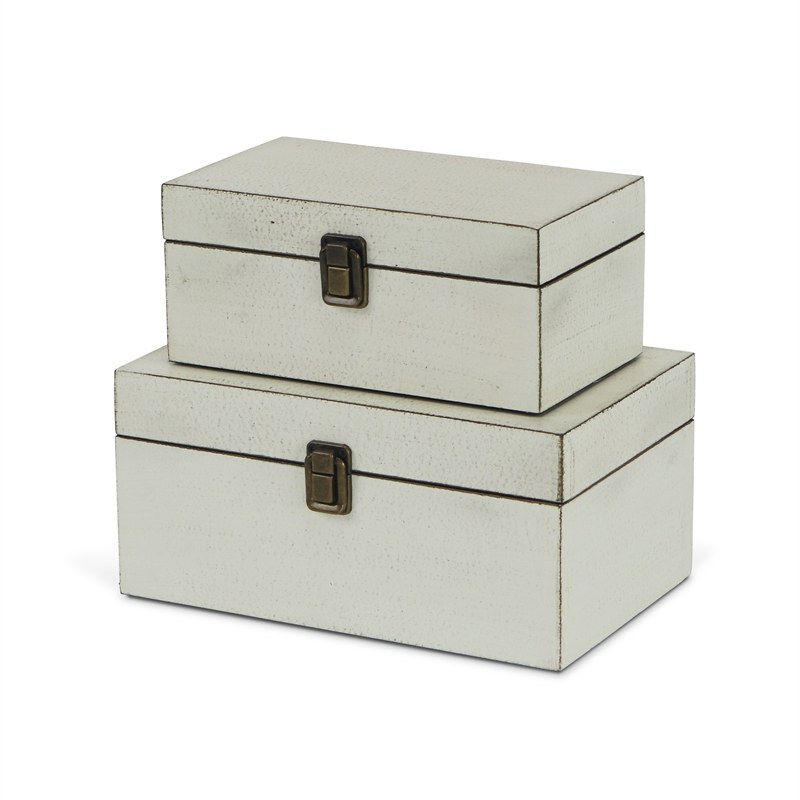 Pemberly Row Set of 2 Wooden Latched Keepsake Boxes in Off White