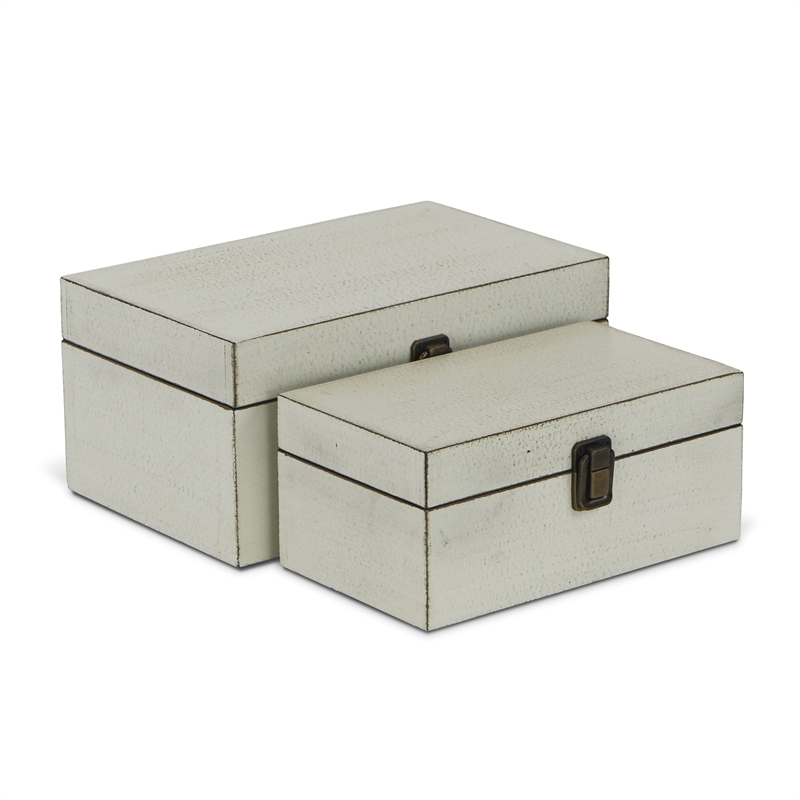 Pemberly Row Set of 2 Wooden Latched Keepsake Boxes in Off White