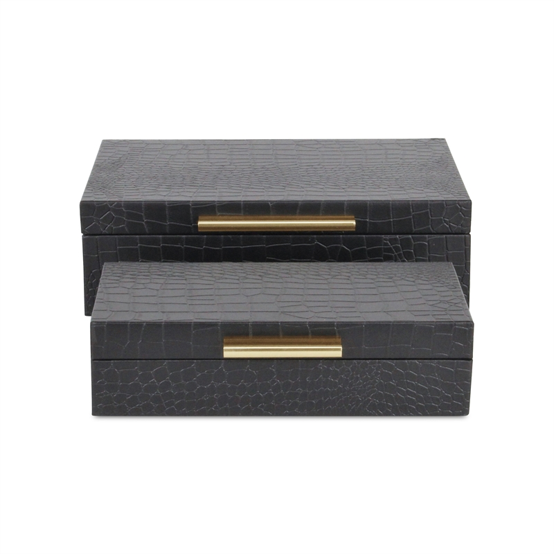 Pemberly Row Rectangular Decorative Box Set of 2 in Black Faux Croco