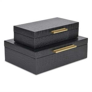 Pemberly Row Rectangular Decorative Box Set of 2 in Black Faux Croco