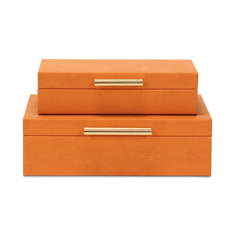 Pemberly Row Rectangular Decorative Box Set of 2 in Orange Faux Shagreen