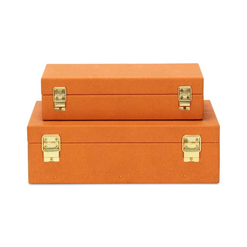 Pemberly Row Rectangular Decorative Box Set of 2 in Orange Faux Shagreen