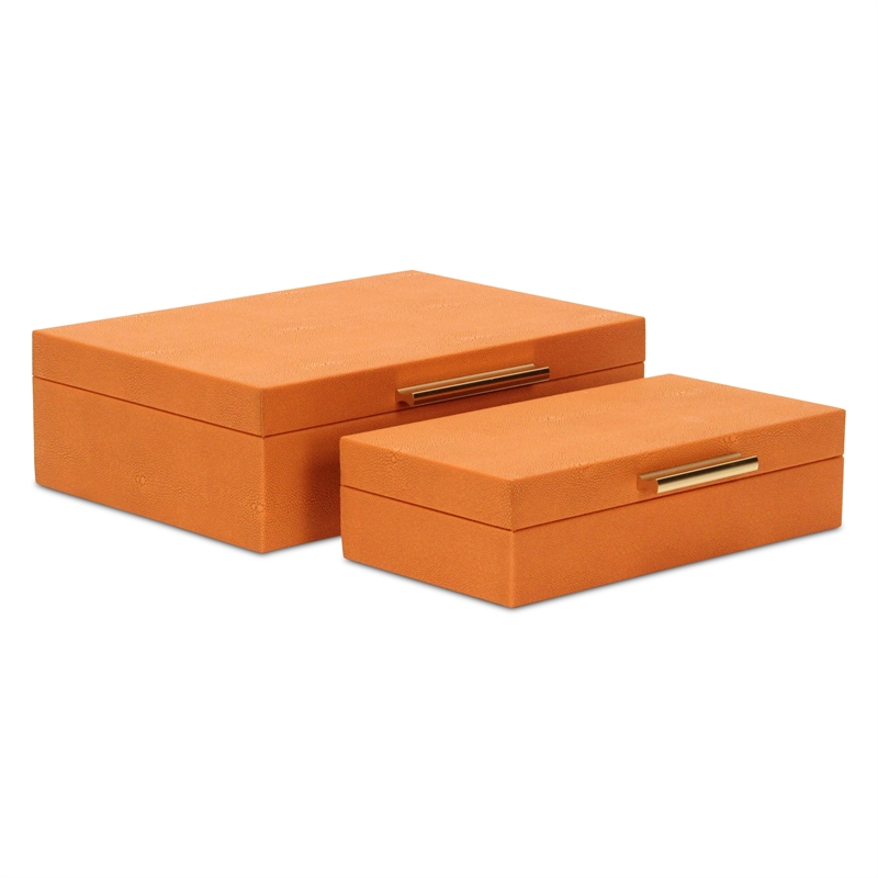 Pemberly Row Rectangular Decorative Box Set of 2 in Orange Faux Shagreen