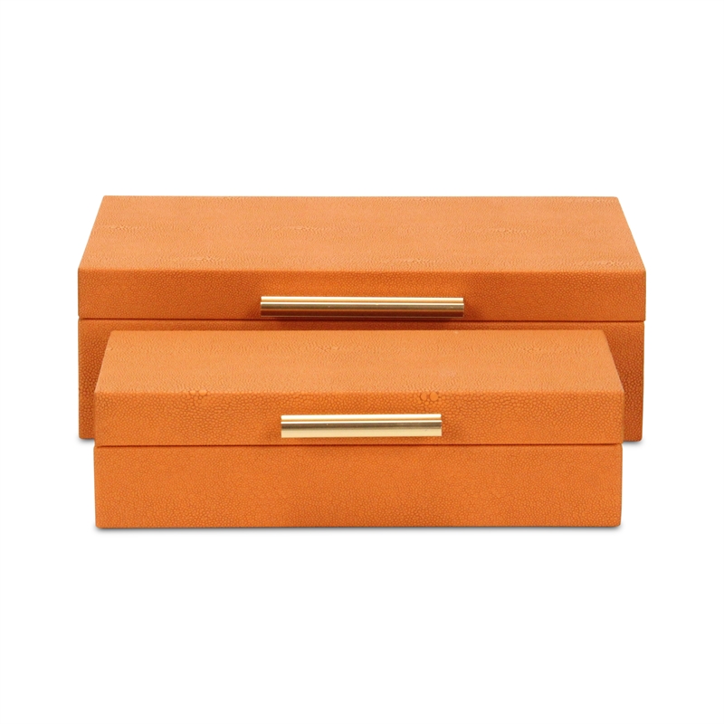 Pemberly Row Rectangular Decorative Box Set of 2 in Orange Faux Shagreen