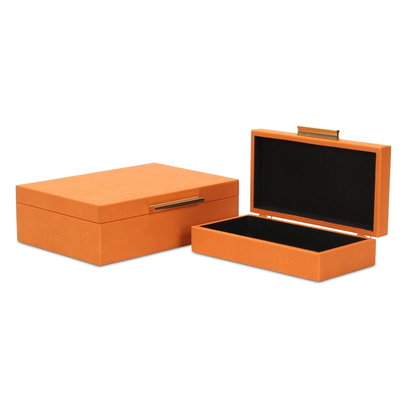 Pemberly Row Rectangular Decorative Box Set of 2 in Orange Faux Shagreen