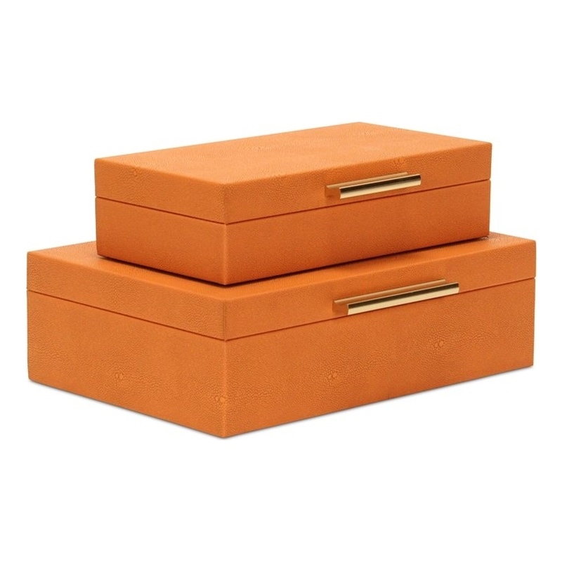 Pemberly Row Rectangular Decorative Box Set of 2 in Orange Faux Shagreen