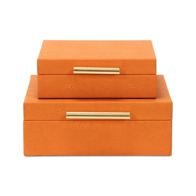 Pemberly Row Square Decorative Box Set of 2 in Orange Faux Shagreen