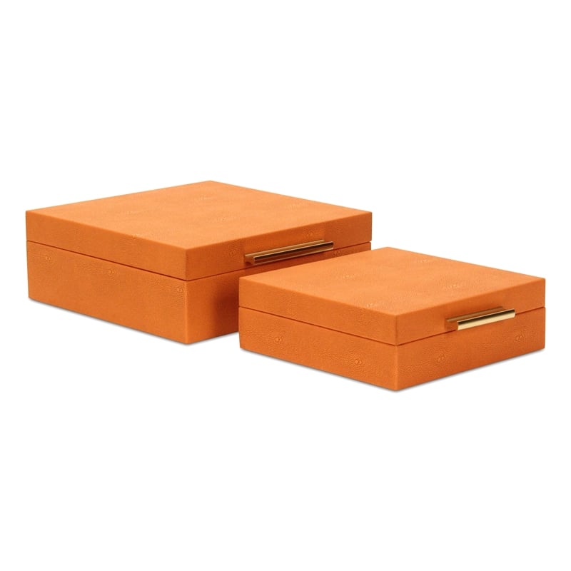 Pemberly Row Square Decorative Box Set of 2 in Orange Faux Shagreen