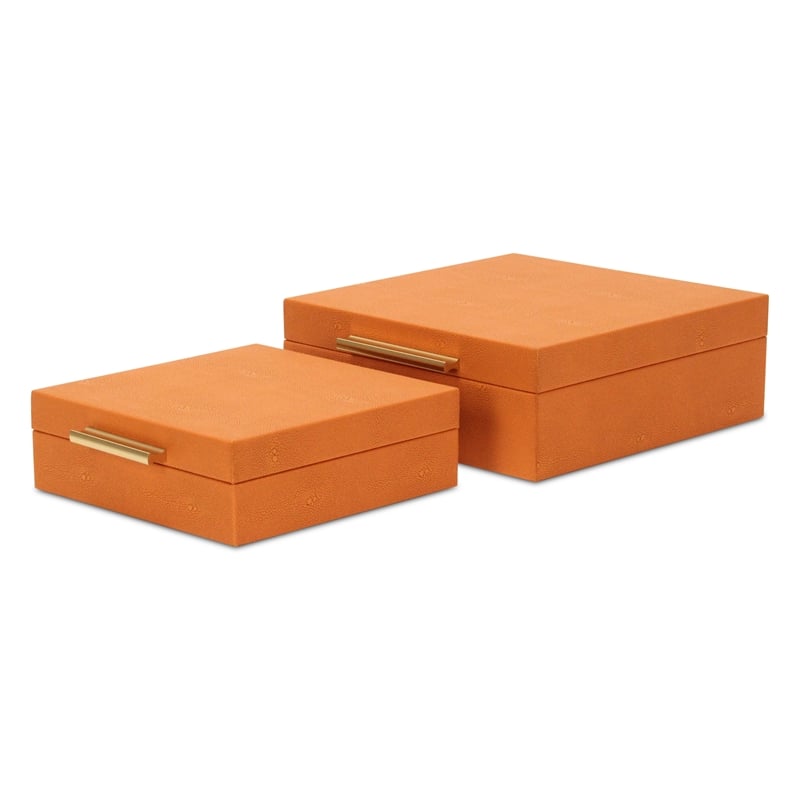 Pemberly Row Square Decorative Box Set of 2 in Orange Faux Shagreen