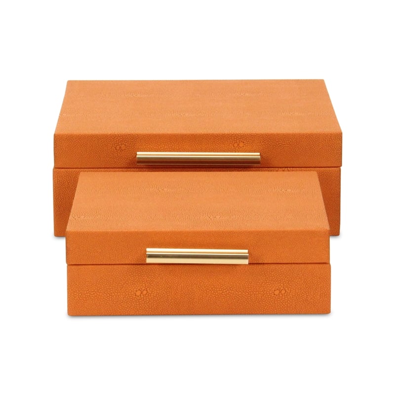 Pemberly Row Square Decorative Box Set of 2 in Orange Faux Shagreen