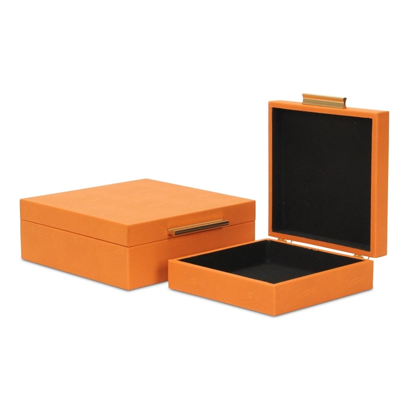 Pemberly Row Square Decorative Box Set of 2 in Orange Faux Shagreen