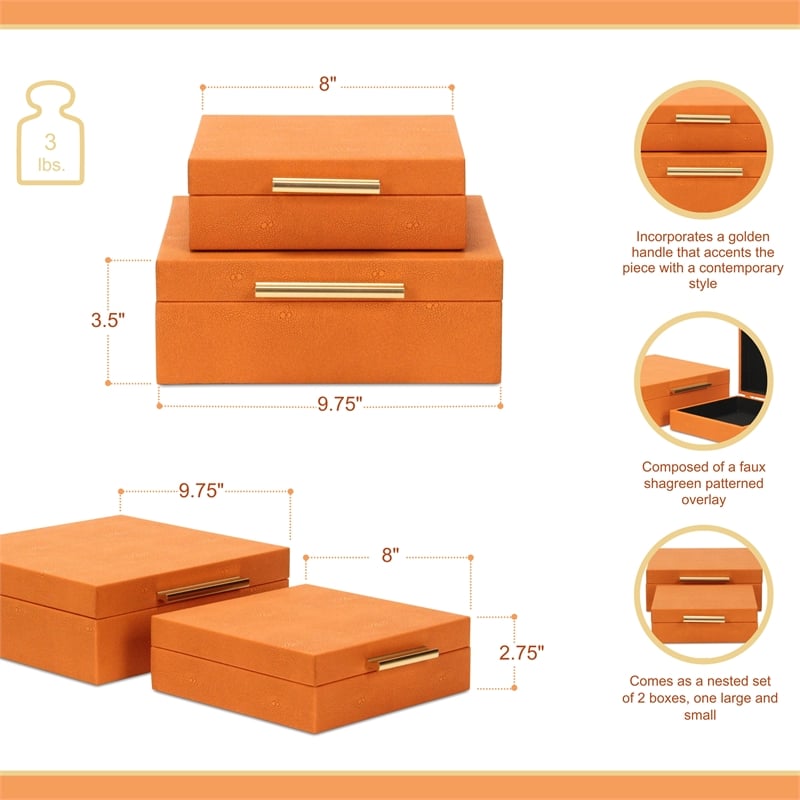 Pemberly Row Square Decorative Box Set of 2 in Orange Faux Shagreen
