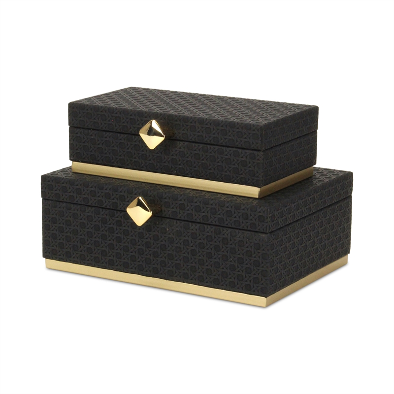 Pemberly Row Vinyl Rattan Rectangular Box Set of 2 in Black with Gold Metal Base