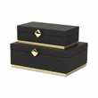 Pemberly Row Vinyl Rattan Rectangular Box Set of 2 in Black with Gold Metal Base