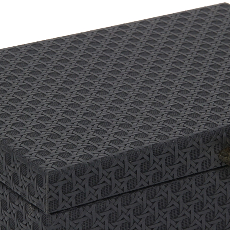 Pemberly Row Vinyl Rattan Rectangular Box Set of 2 in Black with Gold Metal Base