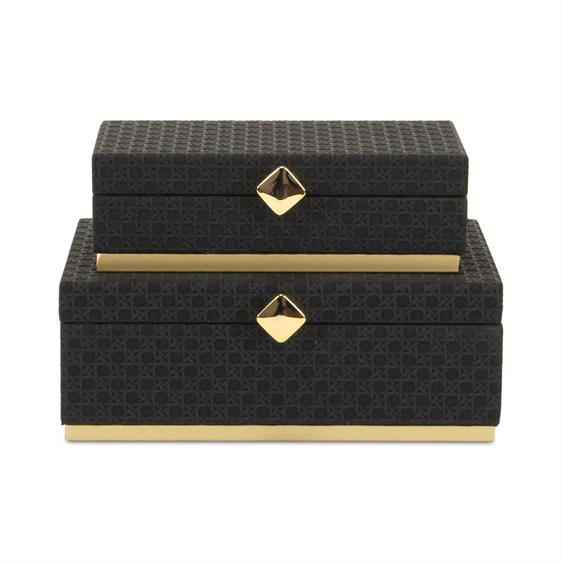 Pemberly Row Vinyl Rattan Rectangular Box Set of 2 in Black with Gold Metal Base