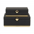 Pemberly Row Vinyl Rattan Rectangular Box Set of 2 in Black with Gold Metal Base