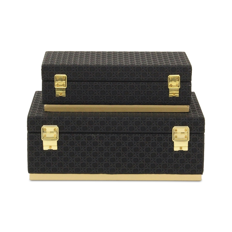 Pemberly Row Vinyl Rattan Rectangular Box Set of 2 in Black with Gold Metal Base