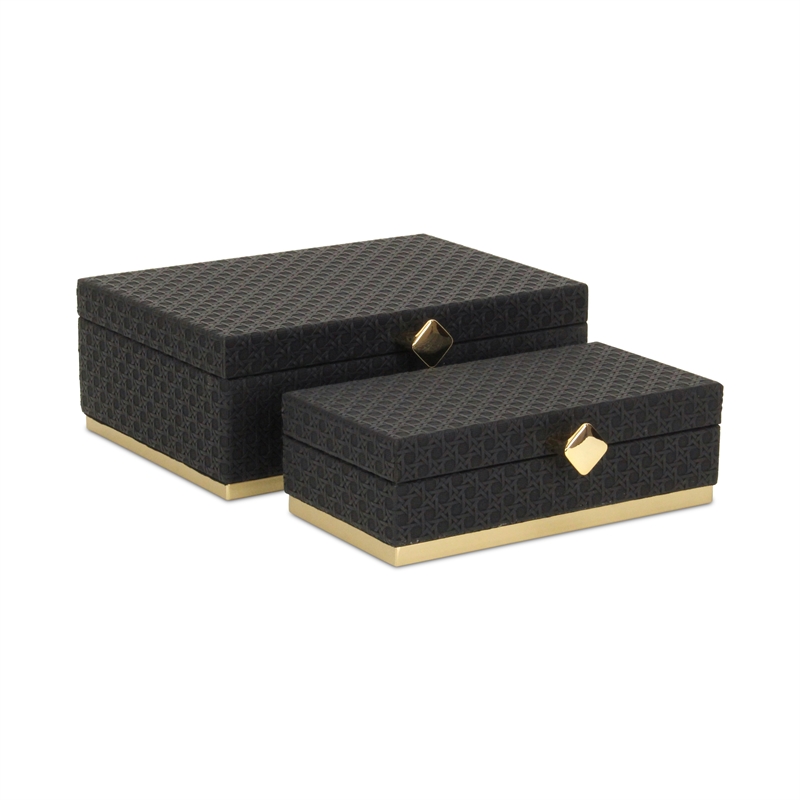 Pemberly Row Vinyl Rattan Rectangular Box Set of 2 in Black with Gold Metal Base