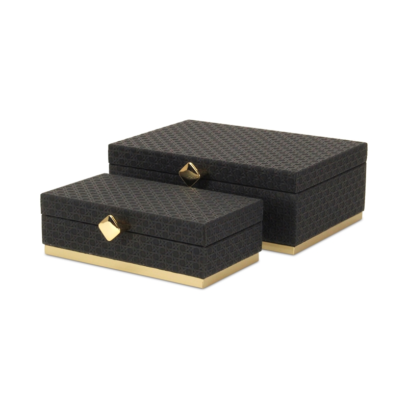Pemberly Row Vinyl Rattan Rectangular Box Set of 2 in Black with Gold Metal Base