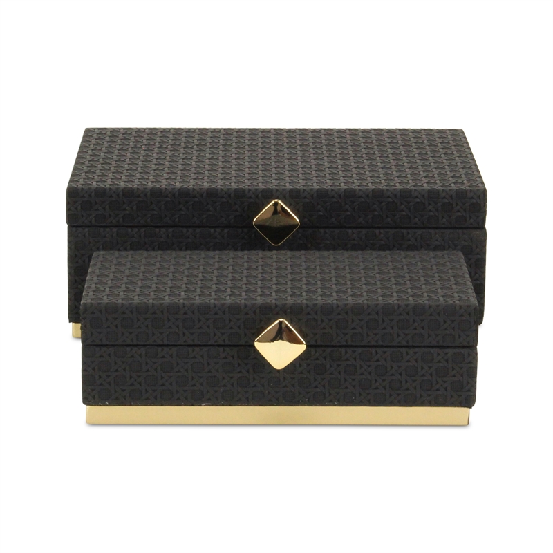 Pemberly Row Vinyl Rattan Rectangular Box Set of 2 in Black with Gold Metal Base