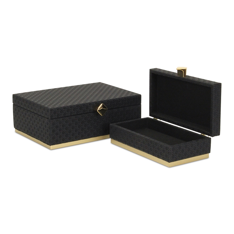 Pemberly Row Vinyl Rattan Rectangular Box Set of 2 in Black with Gold Metal Base