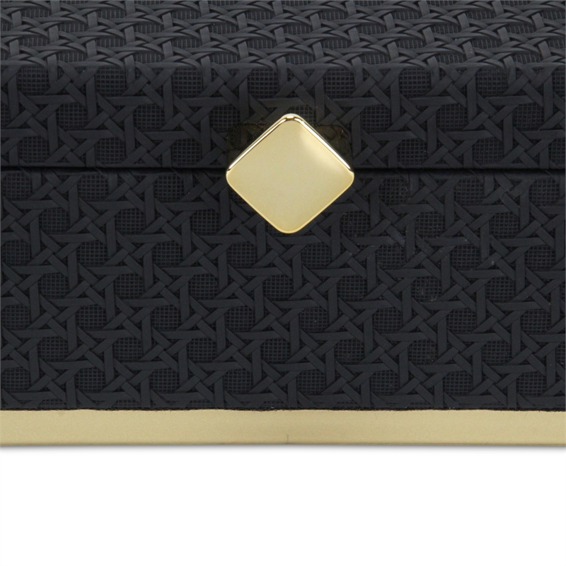 Pemberly Row Vinyl Rattan Rectangular Box Set of 2 in Black with Gold Metal Base