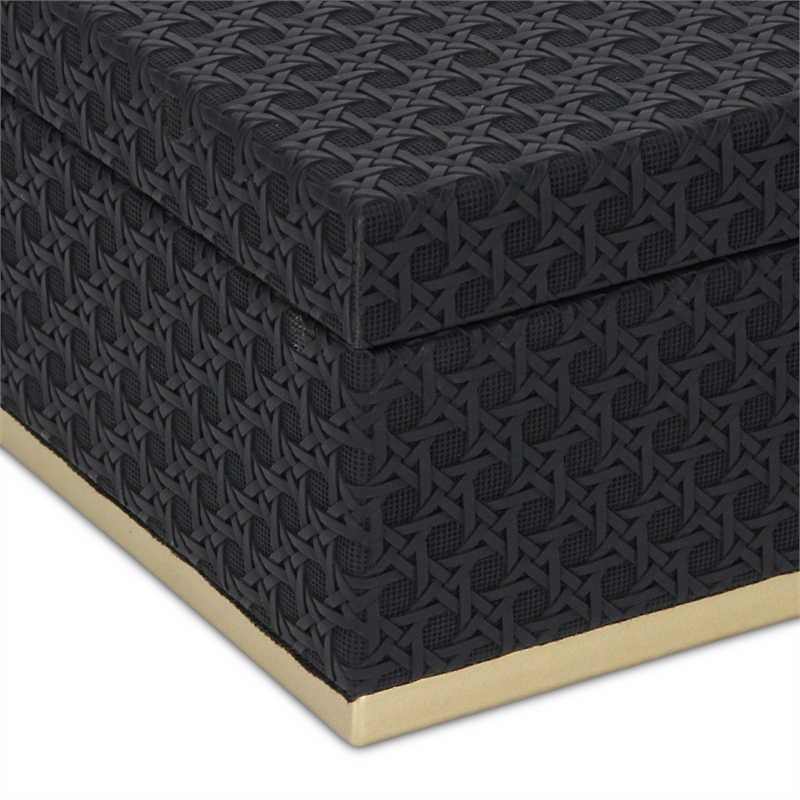 Pemberly Row Vinyl Rattan Rectangular Box Set of 2 in Black with Gold Metal Base