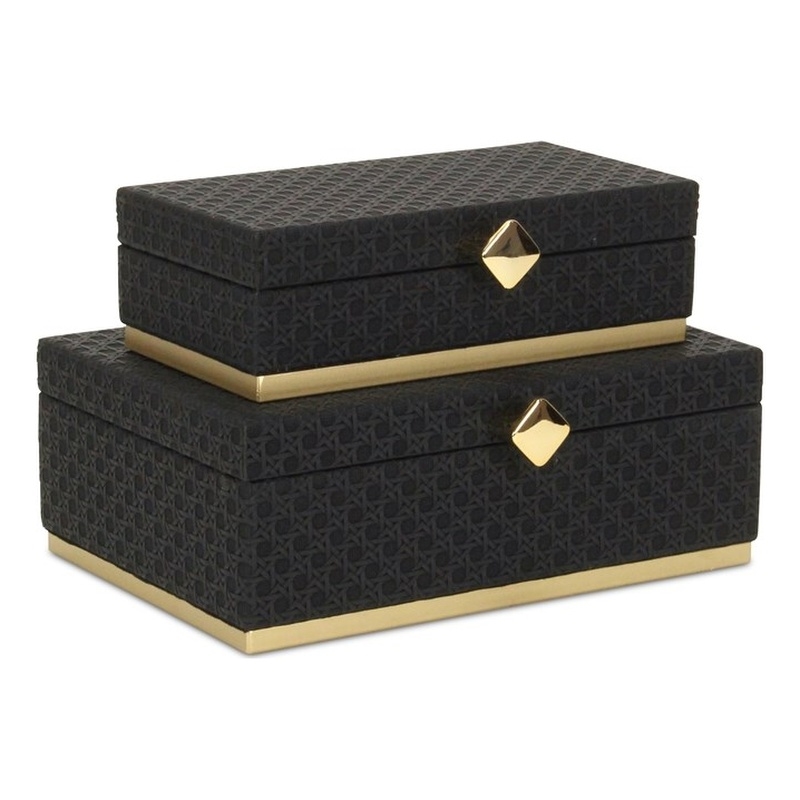 Pemberly Row Vinyl Rattan Rectangular Box Set of 2 in Black with Gold Metal Base