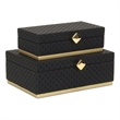 Pemberly Row Vinyl Rattan Rectangular Box Set of 2 in Black with Gold Metal Base