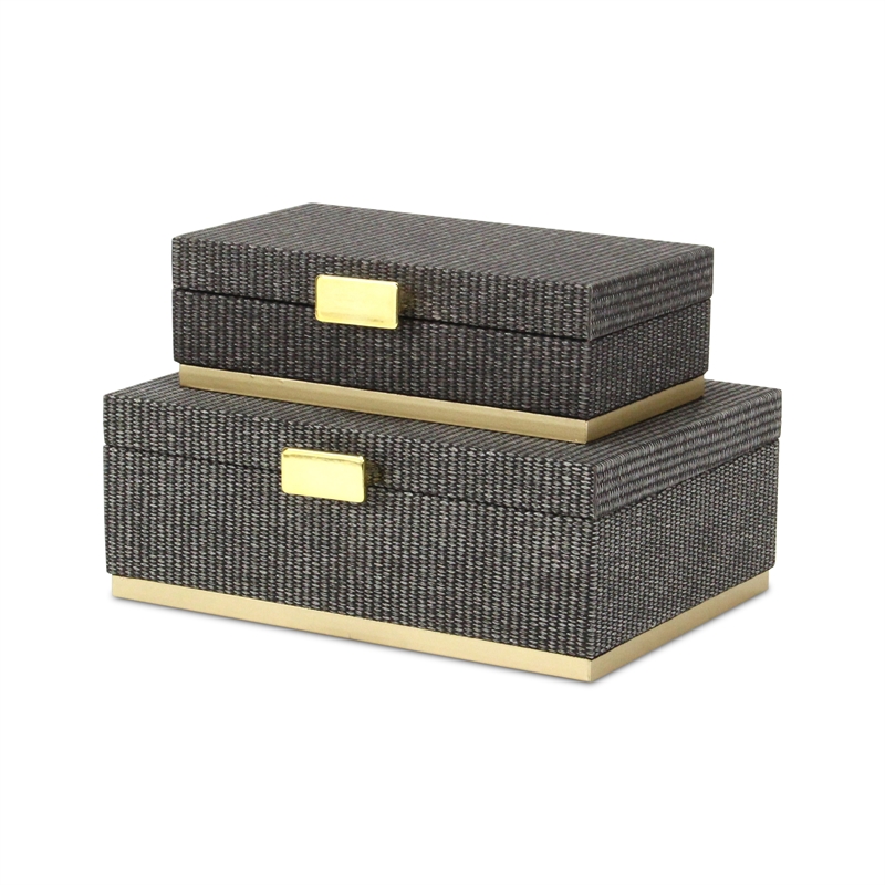 Pemberly Row Gray Woven Themed Rectangle Box Set of 2 with Gold Metal Base
